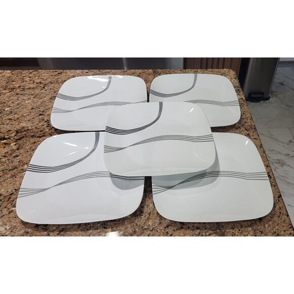 Corelle Urban Arc 10.5" Square White Dinner Plates Set of 5 Gray/Black Stripes - Picture 4 of 13